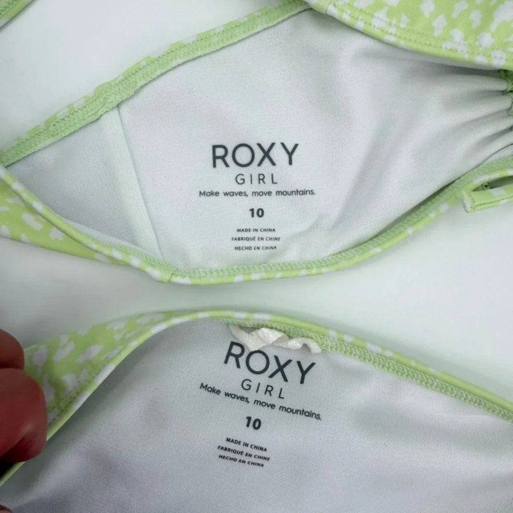 Roxy Girl Lime Green White Abstract Print Bandeau Halter Bikini Set Size 10